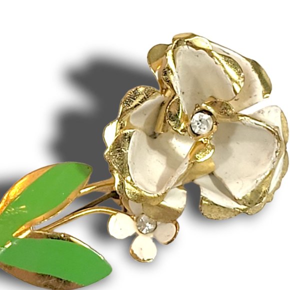 Vintage Brooch Pin Flower White Enamel Faux Diamond Center Gold Tone Mid Century - Picture 3 of 6